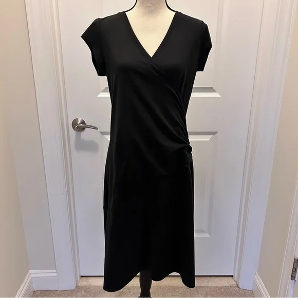 Athleta Black Jersey Knit Sheath Dress V-Neck Cap Sleeve SZL - Picture 2 of 7